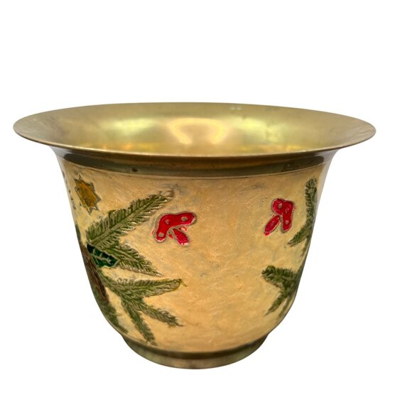 Vintage Brass Cloisonne Painted Christmas Bowl Wreath Candle Holly - Picture 3 of 11